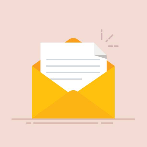 Open envelope with a document. New letter. Sending correspondence. Flat illustration isolated on color background. Open envelope with a document. New letter. Sending correspondence. Flat illustration isolated on color background message illustrations stock illustrations