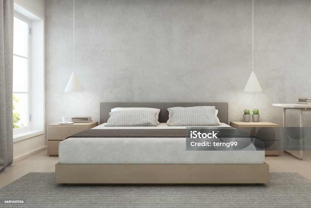 Bedroom with concrete wall background in modern house, Loft interior design of cozy home 3d rendering of interior with bed and desk Bed - Furniture Stock Photo