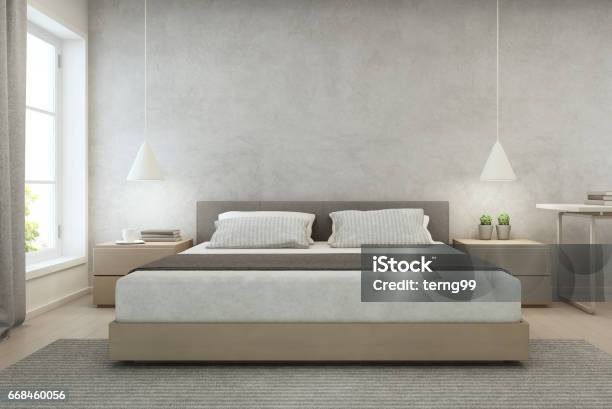 Bedroom With Concrete Wall Background In Modern House Loft Interior Design Of Cozy Home Stock Photo - Download Image Now