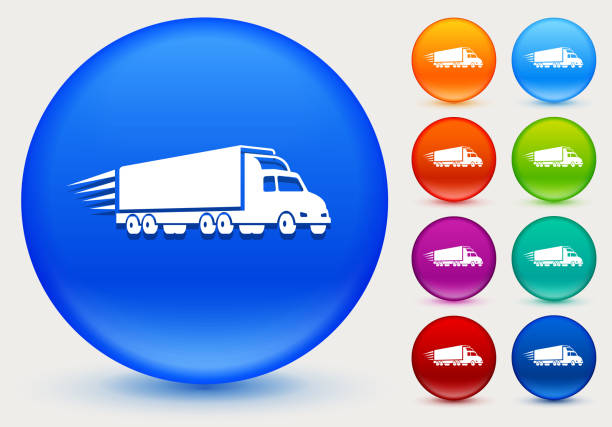 Delivery Trucks Icon on Shiny Color Circle Buttons Delivery Trucks Icon on Shiny Color Circle Buttons. The icon is positioned on a large blue round button. The button is shiny and has a slight glow and shadow. There are 8 alternate color smaller buttons on the right side of the image. These buttons feature the same vector icon as the large button. The colors include orange, red, purple, maroon, green, and indigo variations. indigo truck stock illustrations