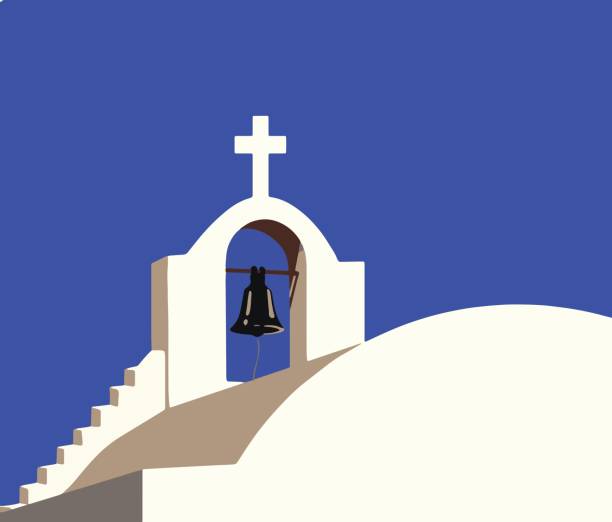 weiße kapelle bei santorini griechenland vector - glockenturm stock-grafiken, -clipart, -cartoons und -symbole