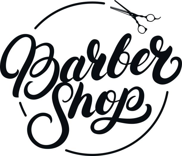 barber toko tangan tertulis label huruf, lencana, lambang. - barbershop australia ilustrasi stok