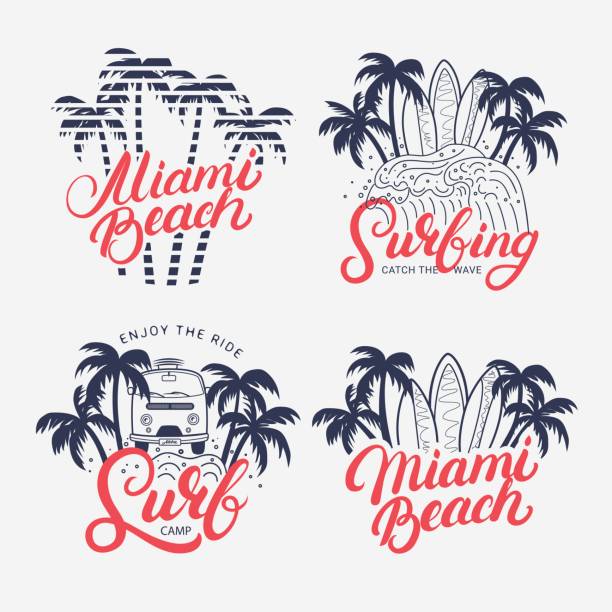 Set of Miami Beach and Surfing hand written lettering. Set of Miami Beach and Surfing hand written lettering with palms, surfboards and bus for tee print, label, badge. Apparel design. Isolated on background. Vector illustration. miami beach stock illustrations