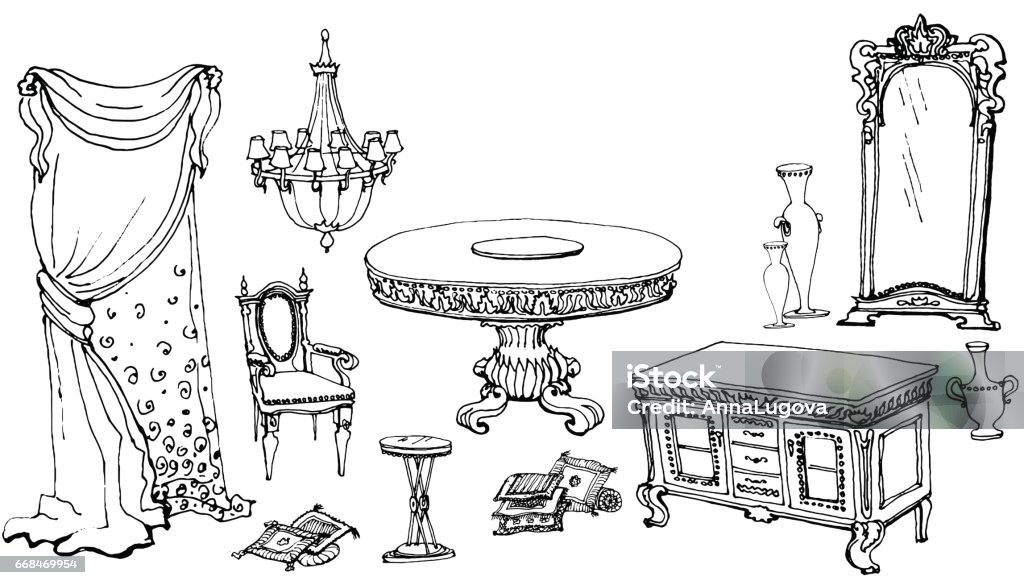 set furniture dinning room classic otline of the classical interior dining room, set  furniture -table, stool, shower curtain, chandelier, chest of drawers, a vase, cushions, decorative elements Chandelier stock vector