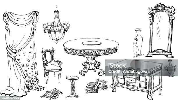 Set Furniture Dinning Room Classic Stock Illustration - Download Image Now - Chandelier, Curtain, Electric Lamp