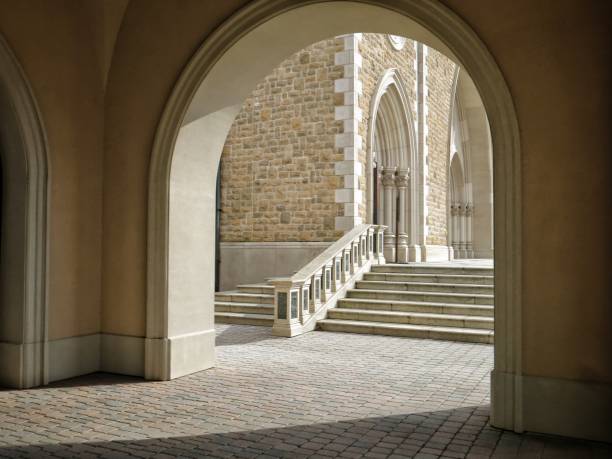 istock Architectural Religious Church Archway Railing, Stairs, Shadows 668477578