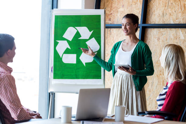 Colleagues discussing with recycling sign on white board