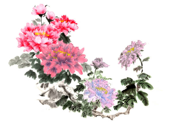 istock Chinese brush and ink traditional peony flowers 668480902