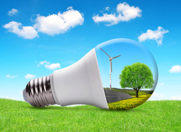 eco led light bulb with solar panel and wind turbine. - fuel and power generation wind turbine solar panel alternative energy imagens e fotografias de stock