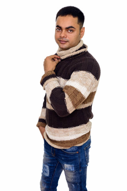 Grey wool knit turtleneck sweater isolated over white