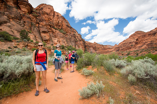 Smiling group of hikers enjoying the day hiking together along a beautiful desert cliff hiking trail in Utah. Natural beautiful in a national recreation park. Staying active and exploring natural beauty together as a large family group