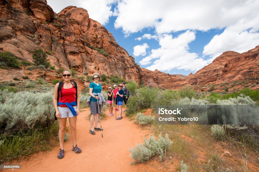 Group of people hiking in the beautiful desert cliffs in USA Smiling group of hikers enjoying the day hiking together along a beautiful desert cliff hiking trail in Utah. Natural beautiful in a national recreation park. Staying active and exploring natural beauty together as a large family group Desert Area Stock Photo