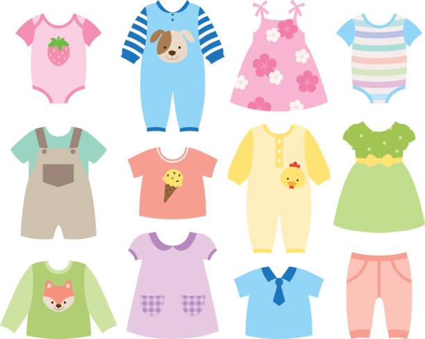 Baby Clothes Set Vector illustration of baby and children clothes collection. jumpsuit stock illustrations
