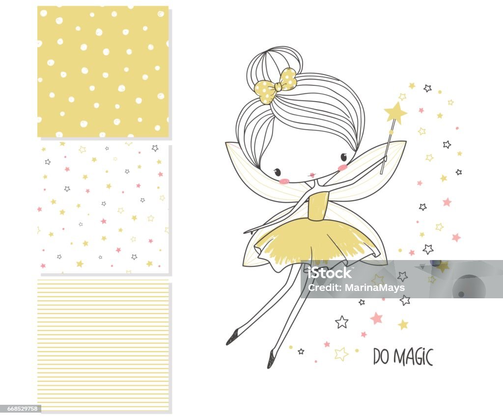 Little fairy. Surface design and 3 seamless patterns Little fairy. Surface design and 3 seamless patterns. Graphic for kid's clothing. Use for print design, surface design, fashion kids wear Fairy stock vector