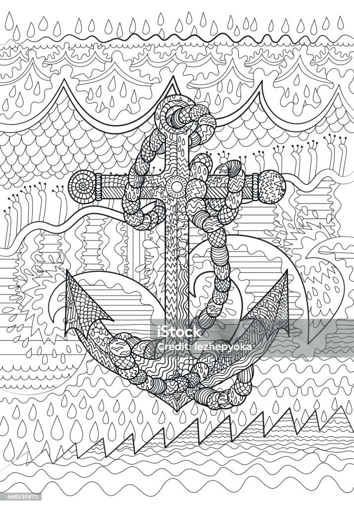 Black and white illustration of an anchor Black and white illustration of an anchor and rope in the tracery style. Underwater seascape for relax coloring. Adult antistress coloring page. Vector. Adult stock vector