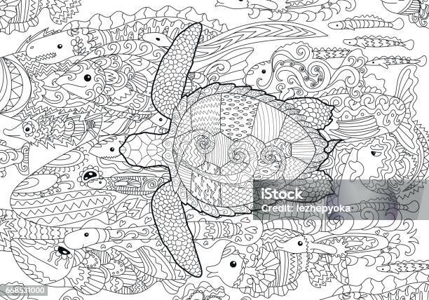 Hand Drawn Swimming Turtle With High Details Stock Illustration - Download Image Now - Adult, Coloring, Coloring Book Page - Illlustration Technique