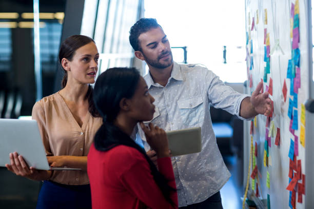 istock Team of colleagues standing by white board reading sticky notes 668538634