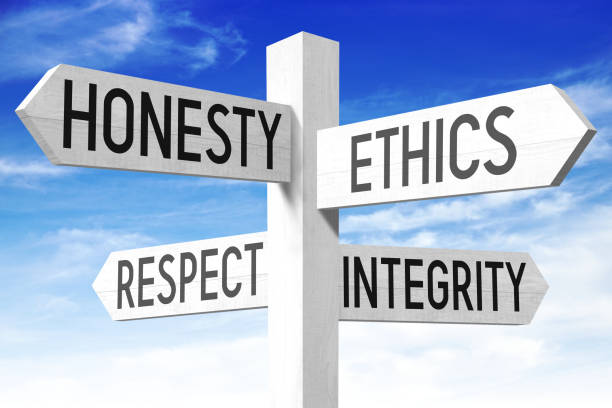 Business ethics - wooden signpost stock photo