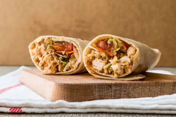 Chicken shawarma durum doner kebab copy space. Fast food concept.