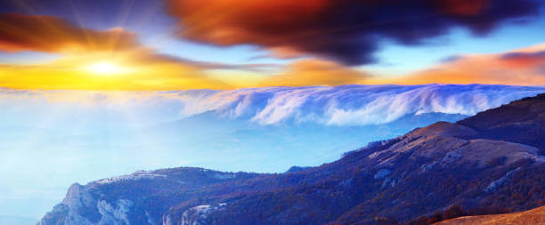 Location place Crimea mountains, Ukraine, Europe. Explore the world's beauty. Majestic sunset in the mountains landscape. Dramatic sky. autumn field tree mountain stock pictures, royalty-free photos & images