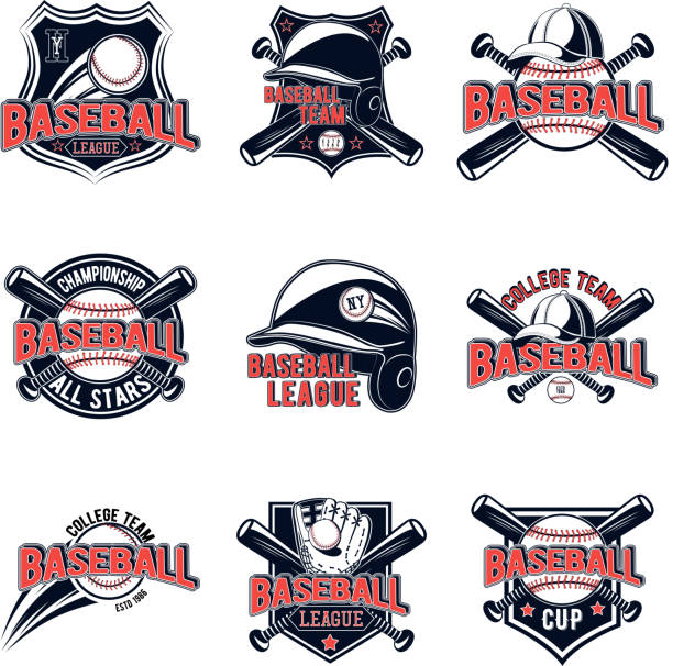 디자인, 광고, 로토타입 팀, 인쇄, 흰색 배경에 격리된 웹용 야구 로고 벡터 세트 - baseball league stock illustrations