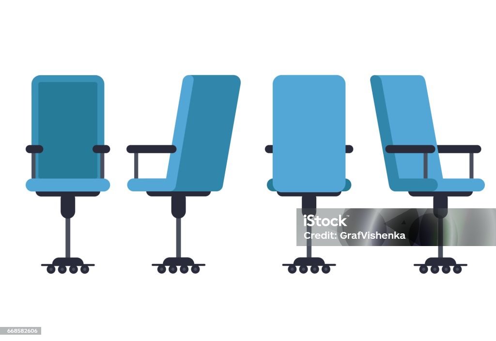 Office or desk chair in various points of view. Armchair or stool in front, back, side angles. Corporate castor furniture flat icon design. Vector illustration. Office Chair stock vector