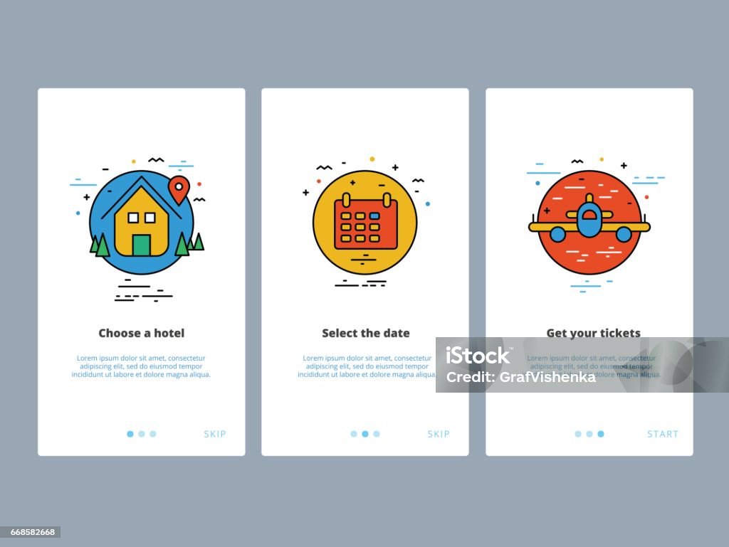 Travel and tourism onboarding screens design. Web UI GUX and UX template for mobile apps on smartphone or website. Modern illustration layout with line vector icons and elements. Bright stock vector