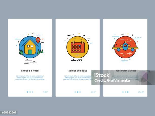 Travel And Tourism Onboarding Screens Design Web Ui Gux And Ux Template For Mobile Apps On Smartphone Or Website Modern Illustration Layout With Line Vector Icons And Elements Stock Illustration - Download Image Now
