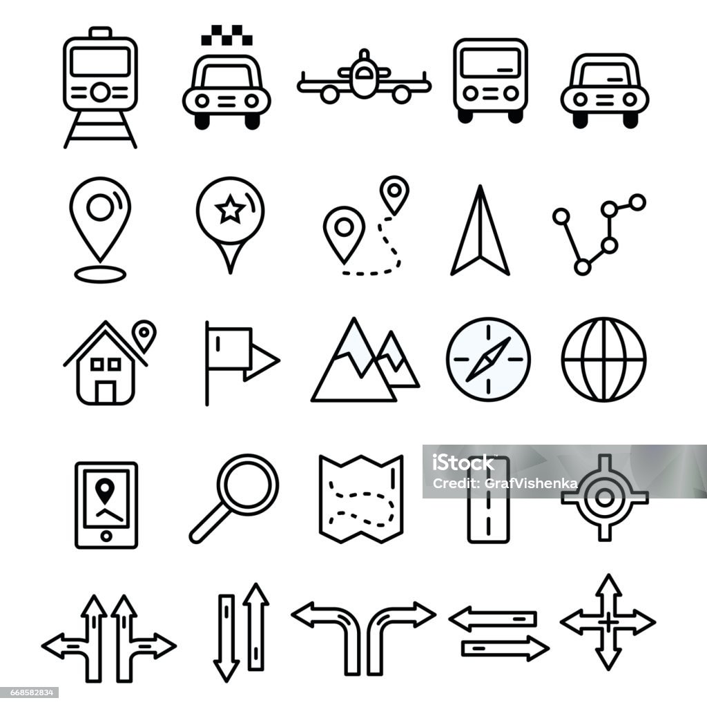 Travel icons in flat solid line design. Map markers and transportation signs and symbols. Tourism navigation vector outline elements. Icon Symbol stock vector