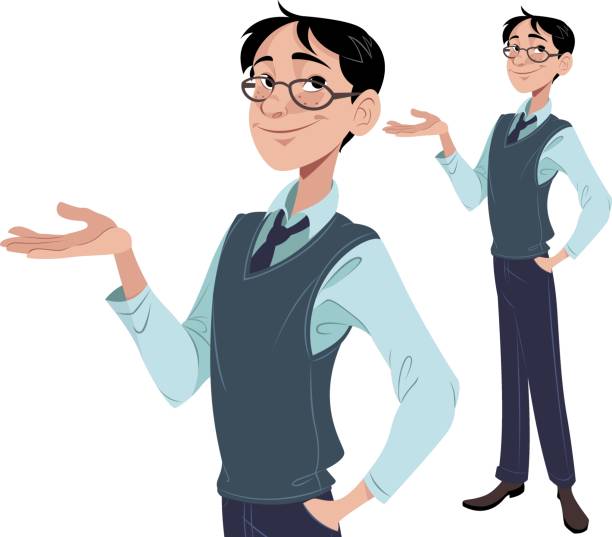 Nerdy Guy Presenting A nice guy wearing glasses presenting well dressed man standing stock illustrations