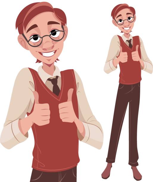 illustrazioni stock, clip art, cartoni animati e icone di tendenza di nerdy guy pollice in su - vertical caucasian glasses red hair