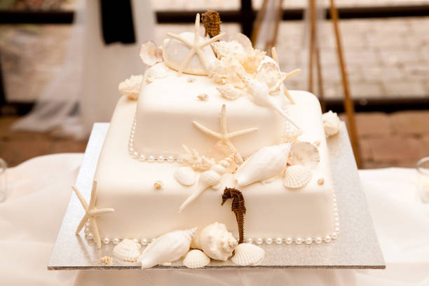 istock Sea Theme Wedding Cake with Shells, Starfish and Seahorse 668588646