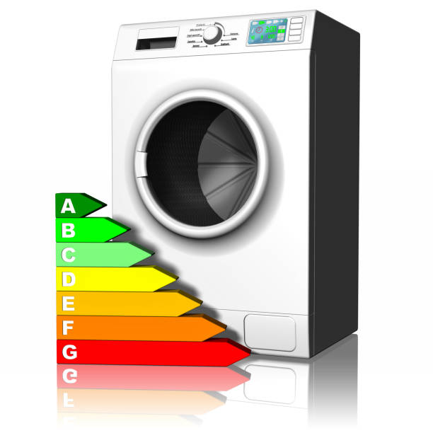 Washing machine Energy saving 003 Household appliances. Washing machine with energy saving symbol. White background. costus stock pictures, royalty-free photos & images