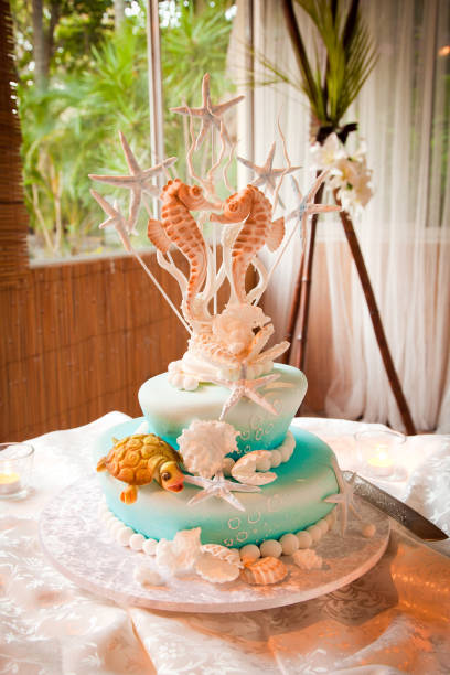 istock Beautiful Turquoise Ocean Theme Wedding Cake 668589254