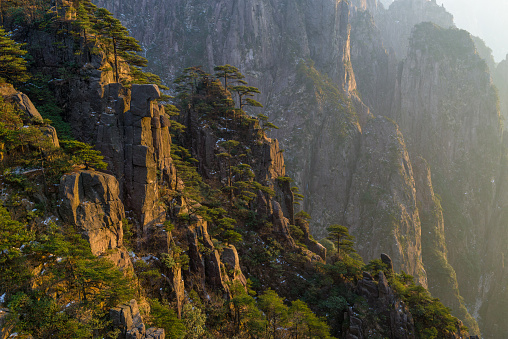 Aerial view of Avatar Hallelujah mountain in Zhangjiajie national forest park at sunset. Located in Yuanjiajie, Wulingyuan Scenic and Historic Interest Area which was designated a UNESCO World Heritage Site, China