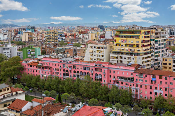 Colorful apartment buildings in Tirana, Albania View over the apartment buildings in Tirana, Albania. albania photos stock pictures, royalty-free photos & images