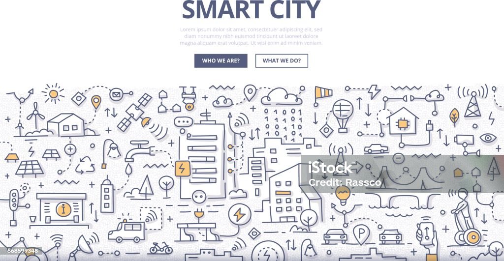 Smart City Doodle Concept Doodle vector illustration of integrating information and communication technologies into city infrastructure. Smart city concept for web banners, hero images, printed materials Smart City stock vector