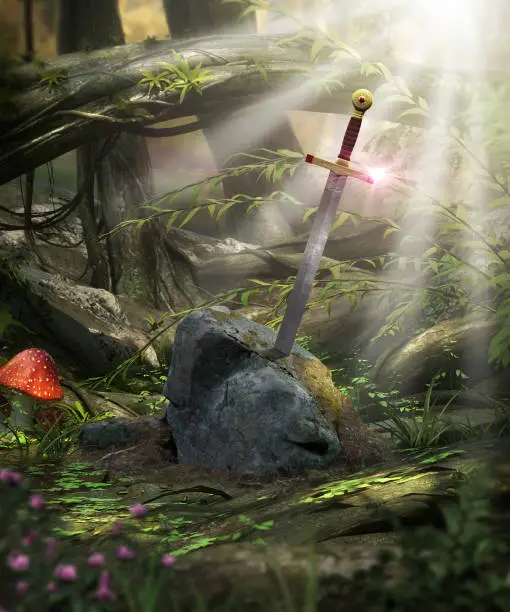 3D painting of the legendary sword Excalibur of King Arthur.
