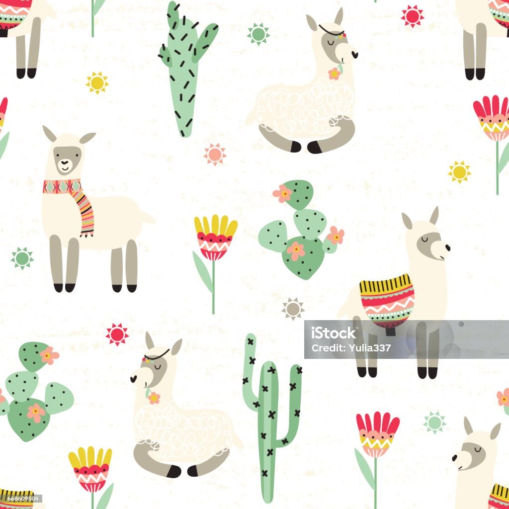 Seamless pattern with lama and cactus Seamless pattern with alpaca - south america's lama and cactus on a textured background. Vector illustration. Llama - Animal stock vector