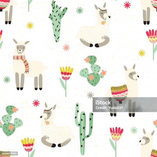 Seamless Pattern With Lama And Cactus Stock Illustration - Download Image Now - Llama - Animal, Mexico, Cactus