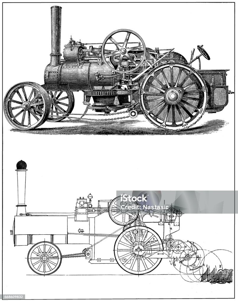 Locomotive illustration of a Locomotive  and a diagram Ancient stock illustration