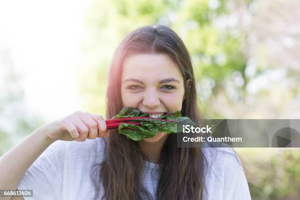 Una Niña Mordiendo Una Hoja De Acelga Roja Rubí Foto de stock y más banco de imágenes de Comida vegetariana - Comida vegetariana, Comer, Acelga