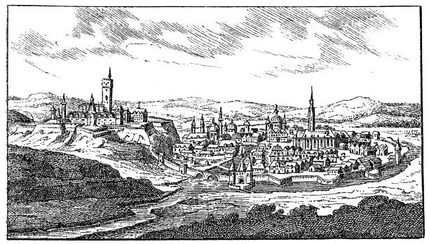 Eger city Antique illustration of a Eger , second largest city in Northern Hungary eger stock illustrations