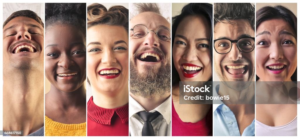 Expressions of happiness Portraits of laughing people Cultures Stock Photo