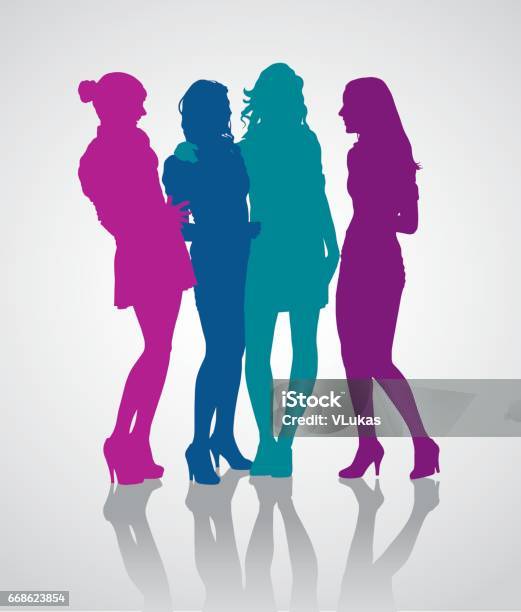 Detailed Vector Silhouettes Of Girlfriends Group Stock Illustration - Download Image Now - Four People, Women, In Silhouette
