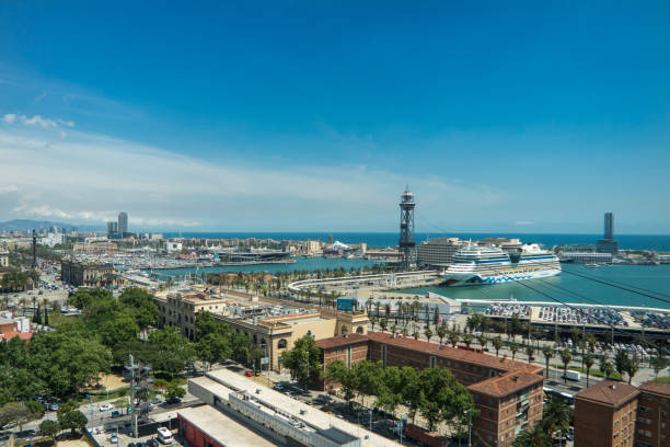 Aerial view of Barcelona Port on a blue sky background