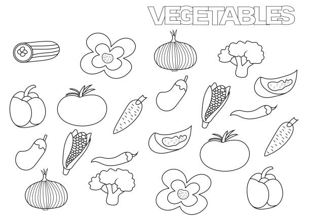 ручная нарисованная набор овощей. страница книжки-раскраски - cauliflower vegetable black illustration and painting stock illustrations