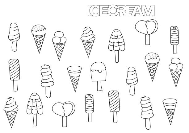 3 Hand drawn ice cream set. Coloring book page template.  Outline doodle vector illustration. whip cream dollop stock illustrations