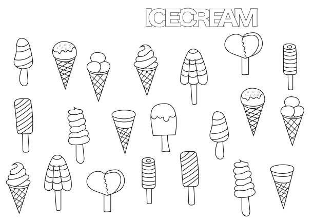 3 Hand drawn ice cream set. Coloring book page template. Outline doodle vector illustration. frozen coloring pages stock illustrations