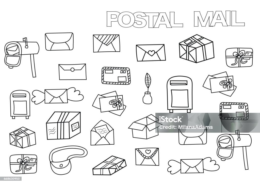 Hand drawn postal set. Coloring book page template.  Outline doodle vector illustration. Airtight stock vector